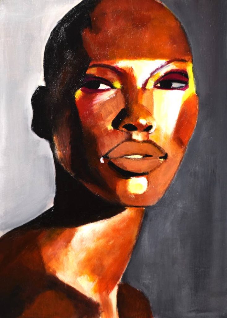 Estudio de rostro con iluminación naranja fuego y sombras profundas, arte figurativo de Andrés Alfonso.