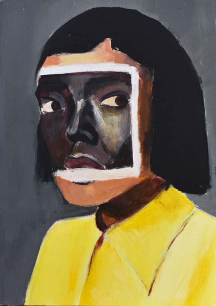 Interpretación artística de rostro con un marco blanco pintado alrededor de los ojos, estilo conceptual.