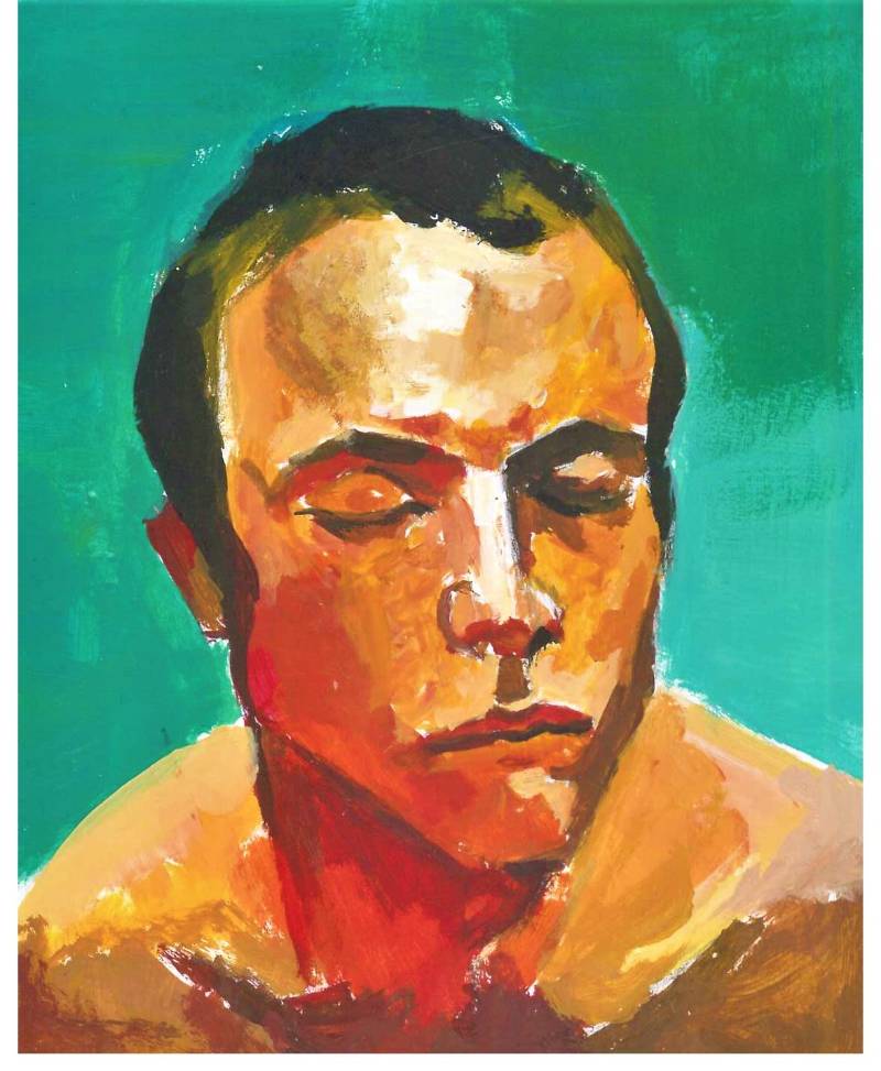 Retrato expresionista de hombre con ojos cerrados sobre fondo verde vibrante, óleo de Andrés Alfonso.