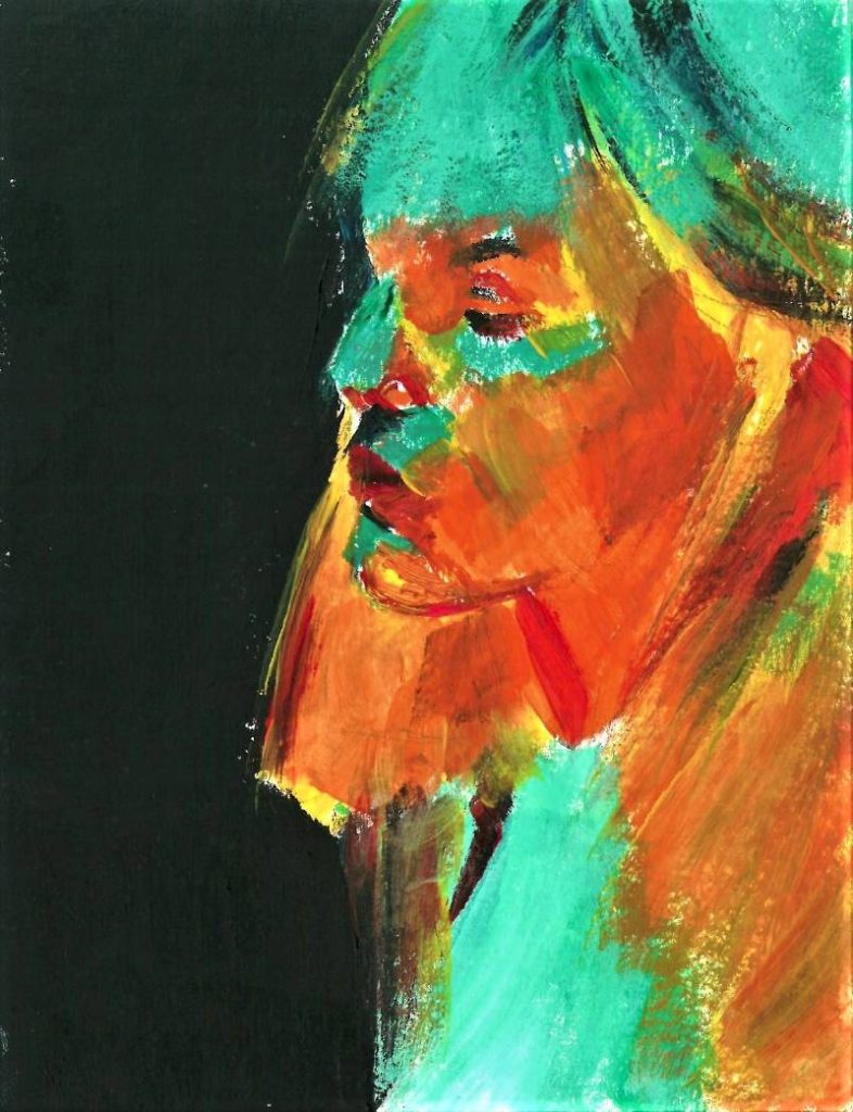 Retrato expresionista con luces verdes y naranjas sobre el rostro, técnica de arte contemporáneo.