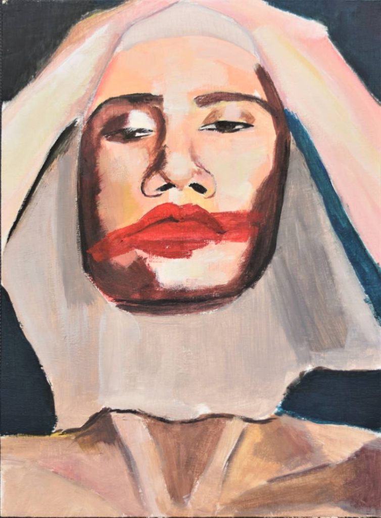 Interpretación artística de rostro con trazo rojo en la boca, estilo expresionista moderno.