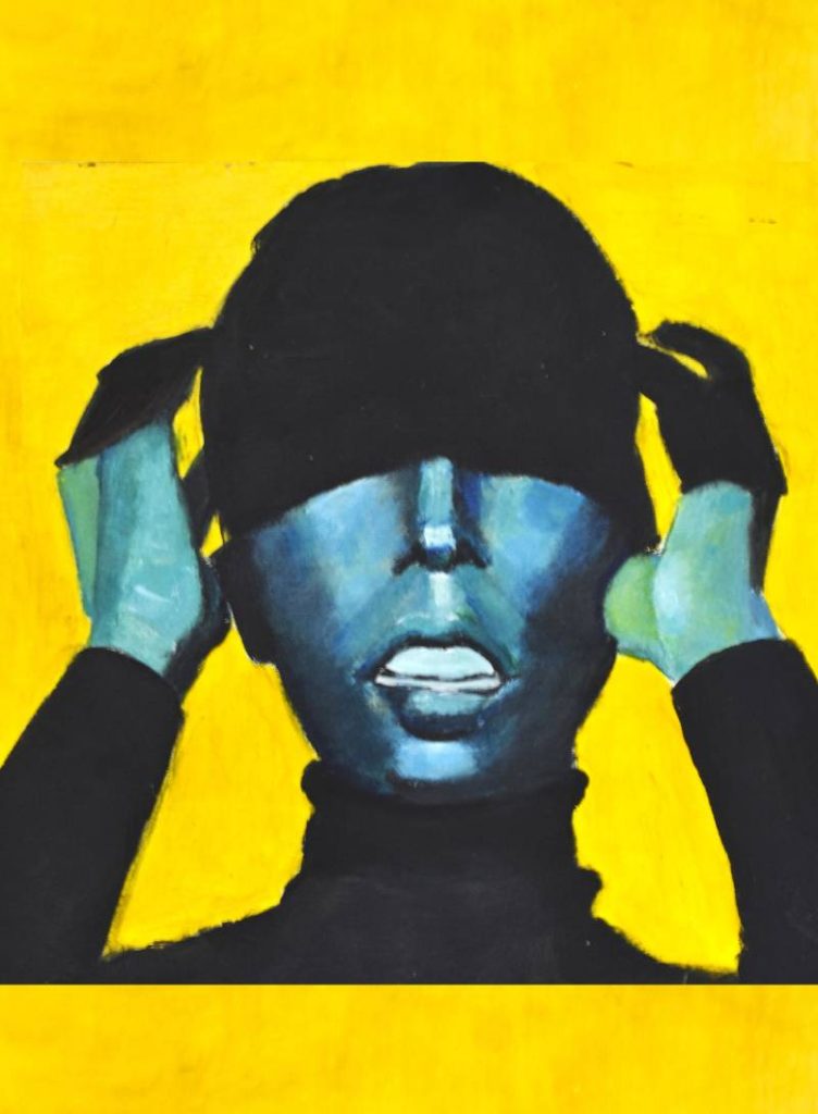 Silueta artística con manos en la cabeza sobre fondo amarillo vibrante, composición minimalista.