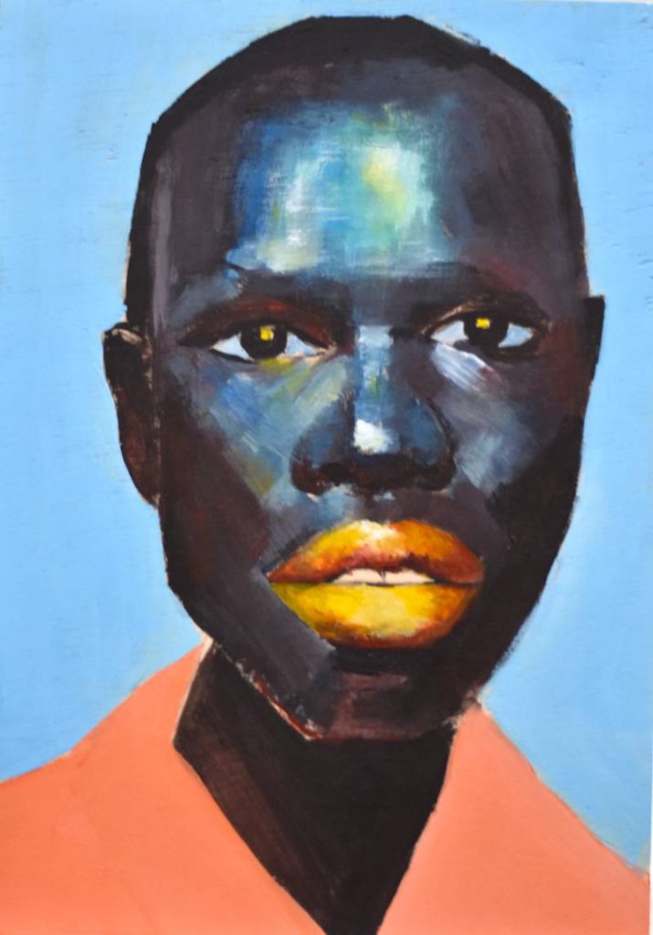 Retrato artístico con iluminación azul fría y labios amarillo vibrante, estilo figurativo moderno de Andrés Alfonso.